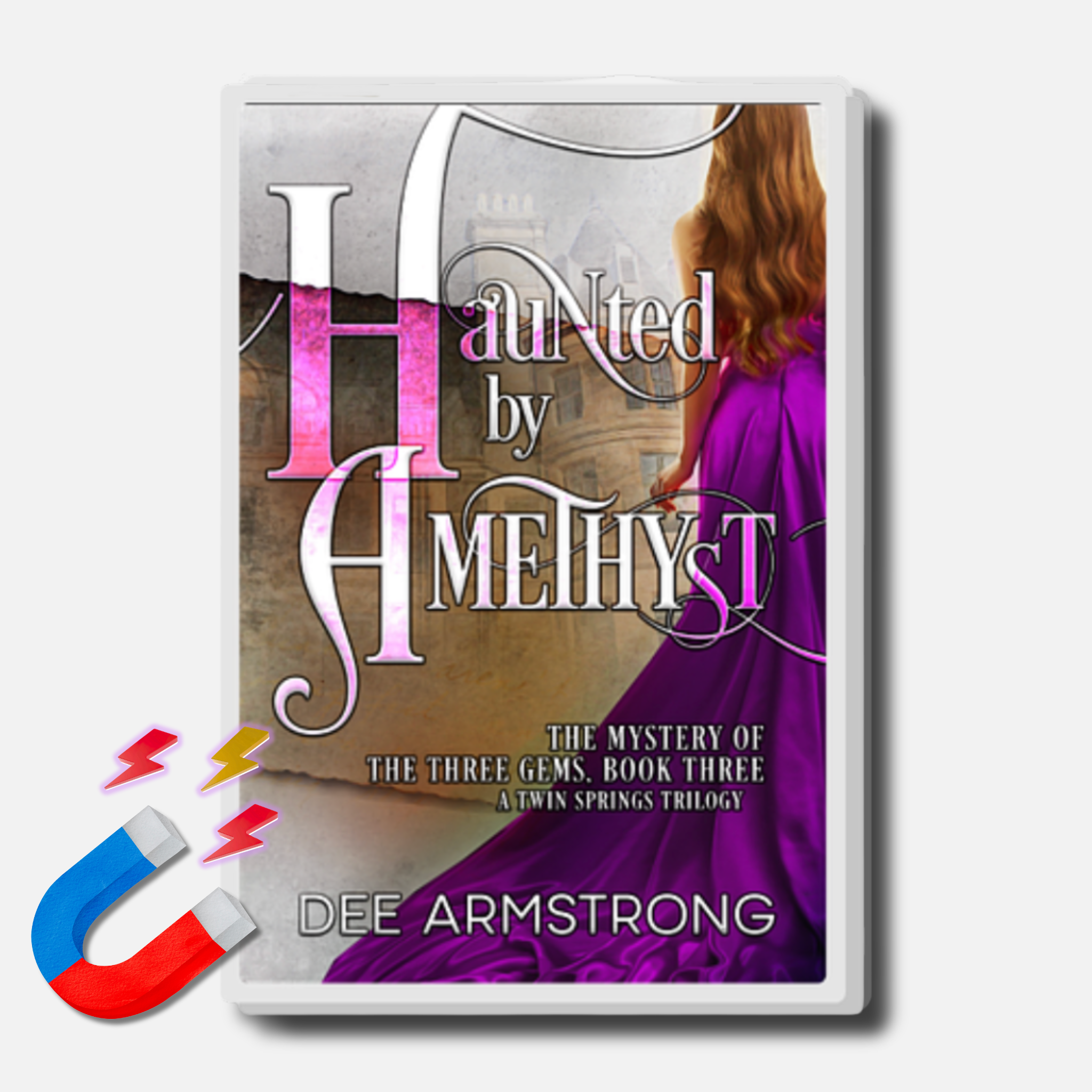 An acrylic magnet of the book Haunted by Amethyst'