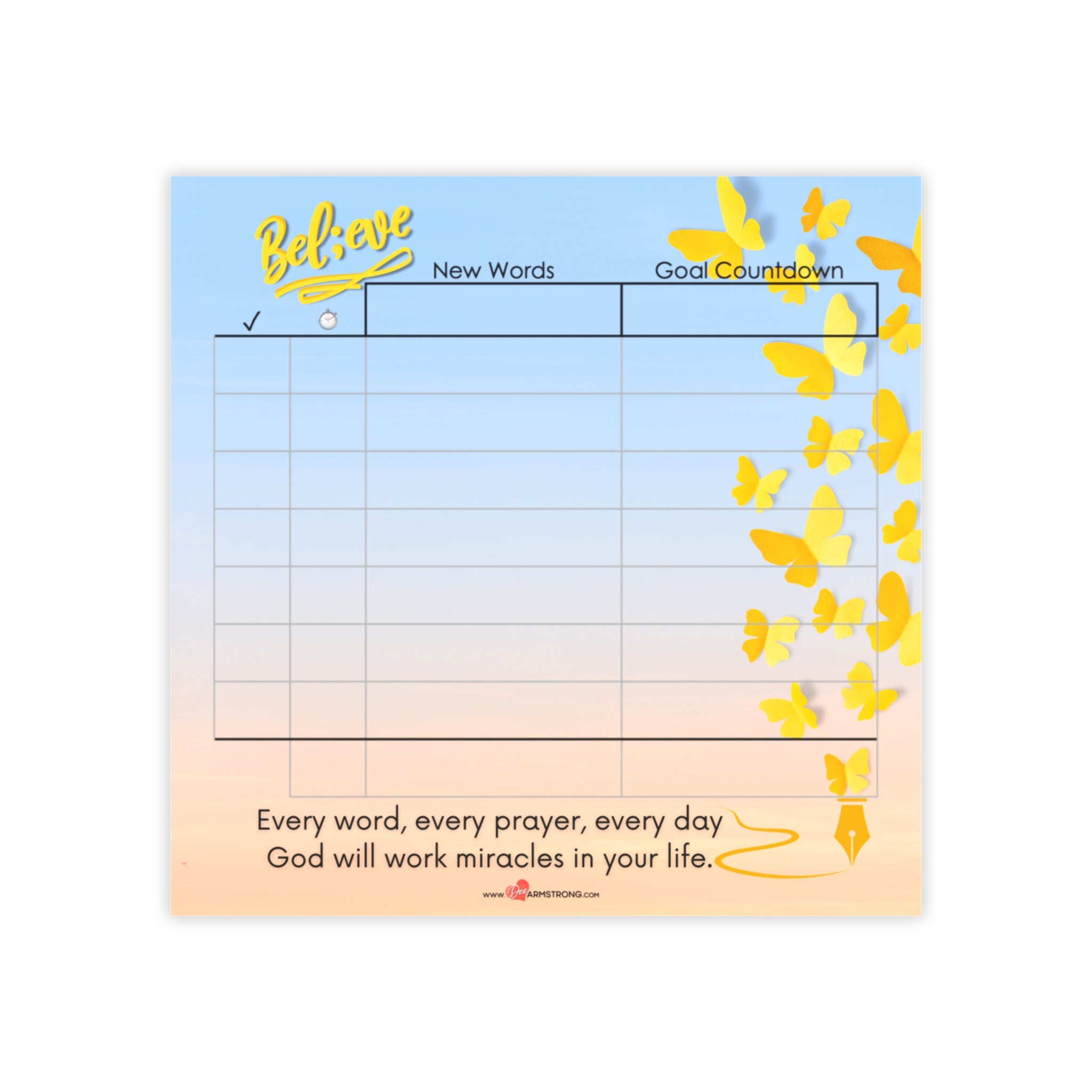 Motivational planner with goal countdown and butterfly design on a gradient background