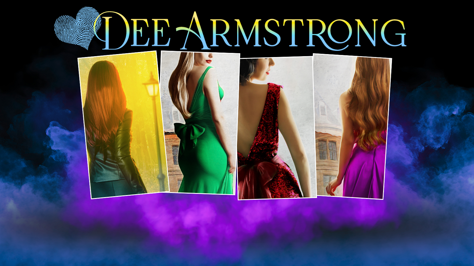 Dee Armstrong Banner with four female Main characters with a blue and purple mist.