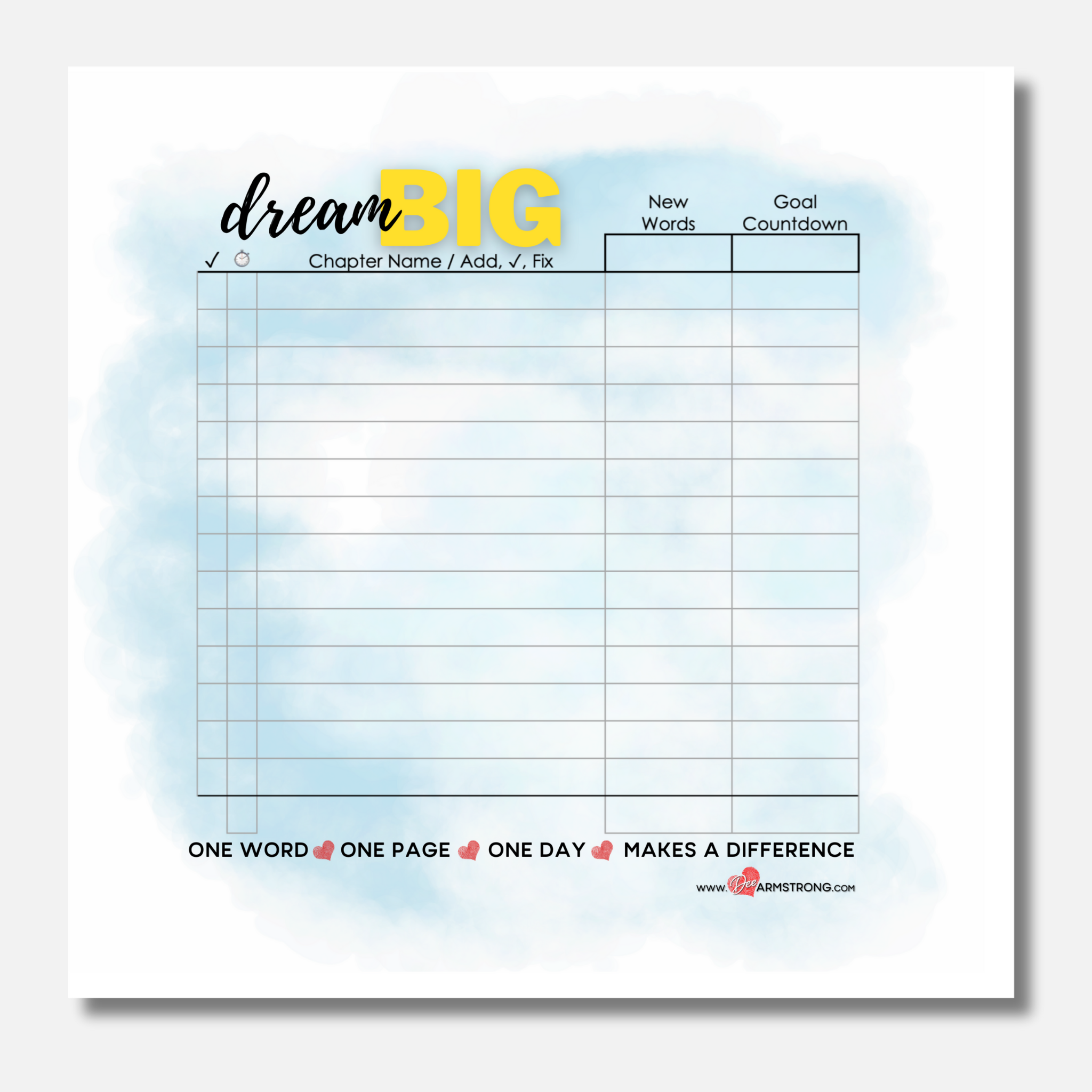 Motivational writing tracker with 'dream BIG' text on a light blue background