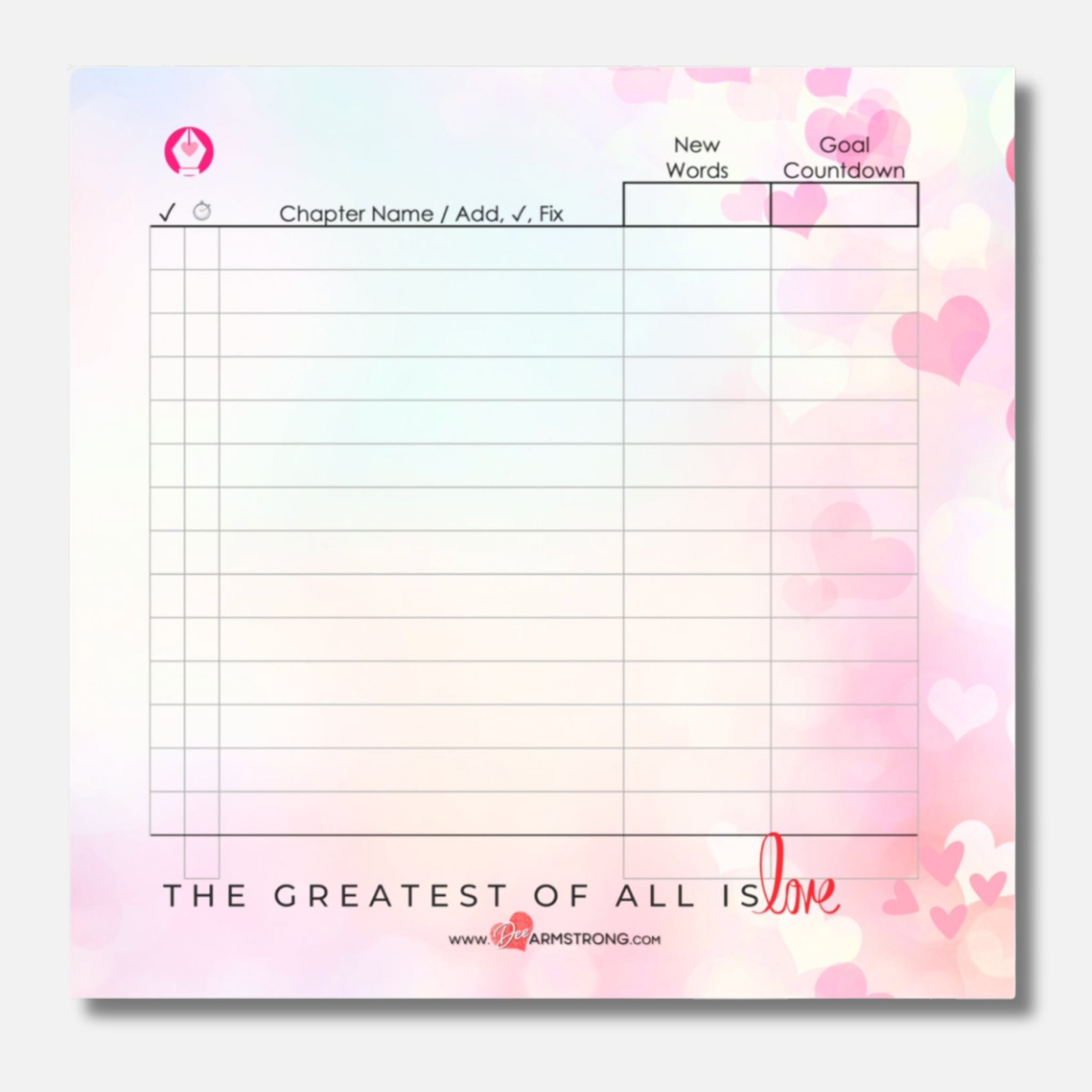 Planner page with heart designs and text on a gradient background