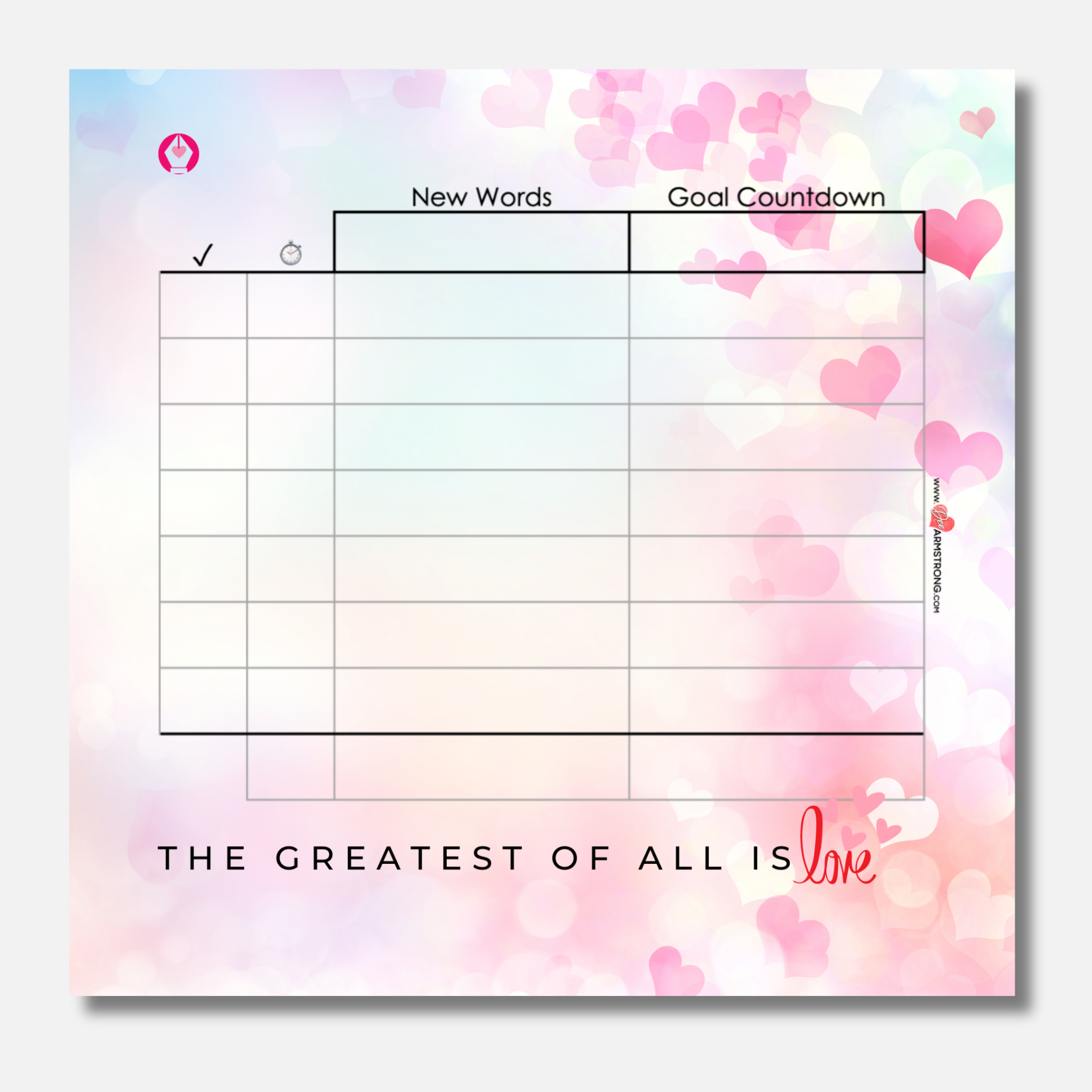 Motivational planner with heart designs and text on a soft gradient background