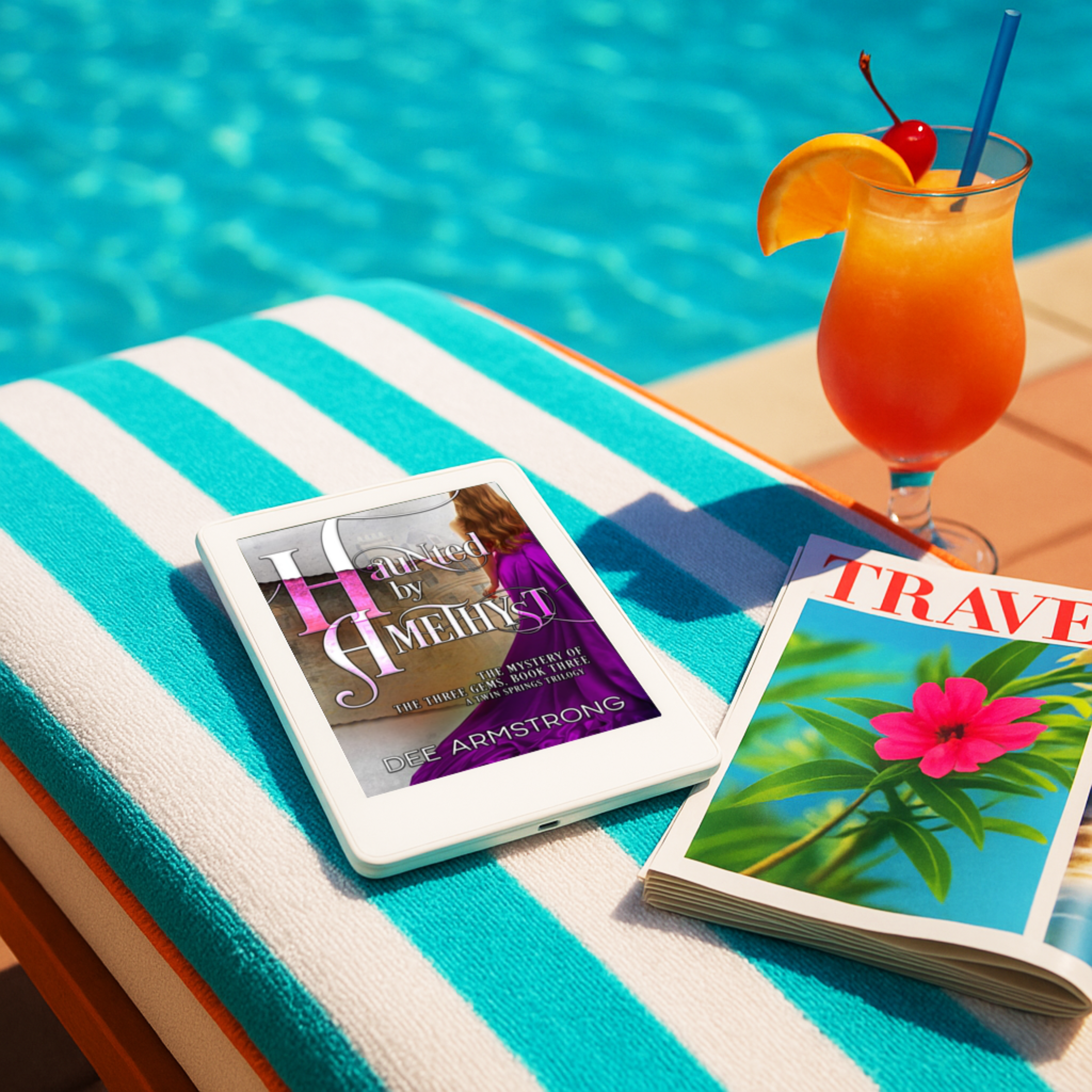 E-reader with a book titled 'Haunted by Amethyst' by Dee Armstrong, a travel magazine, and a cocktail on a striped towel by a pool.