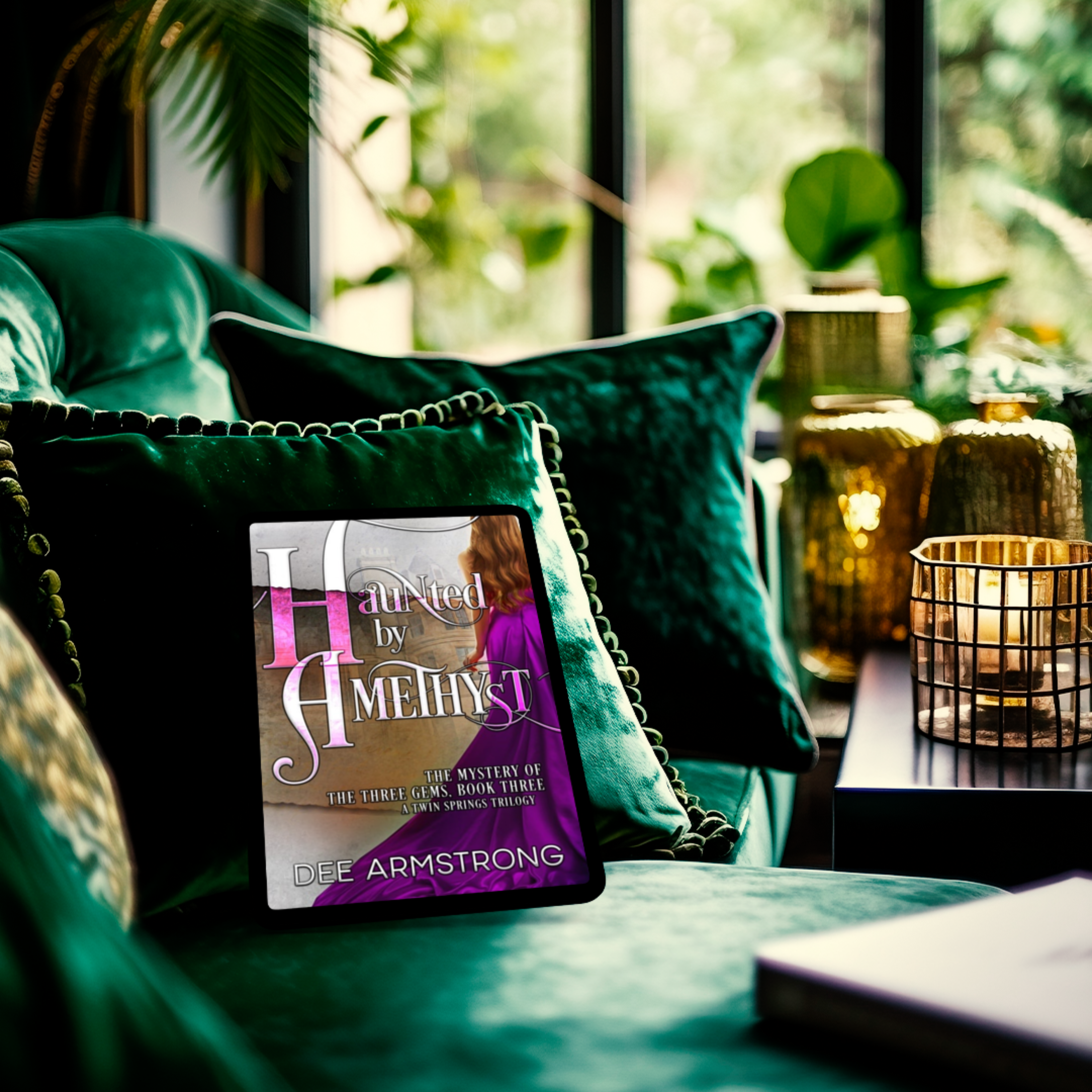 Book titled 'Haunted by Amethyst' by Dee Armstrong on a green cushion with a cozy indoor setting.