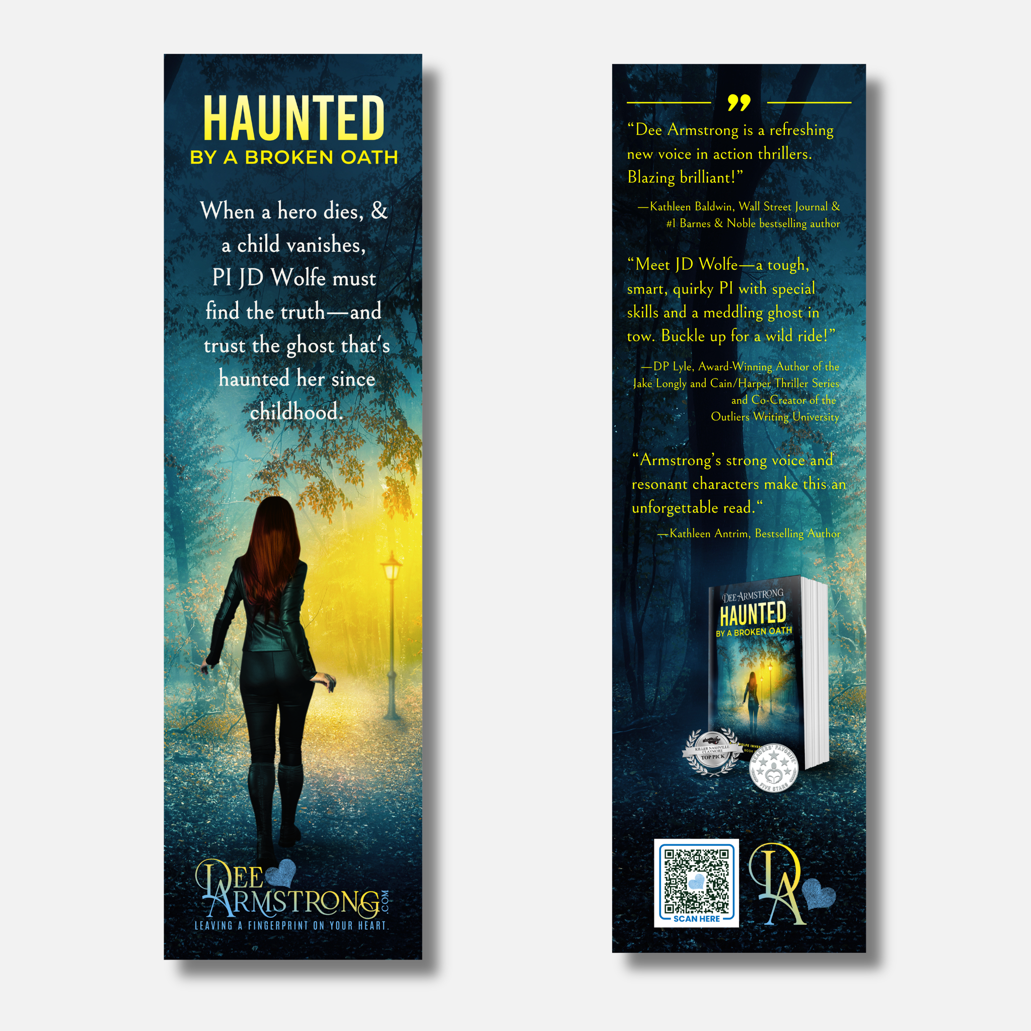 Two vertical book promo banners for the novel 'Haunted by a Broken Path' by Dee Armstrong, shown side by side on a light gray background. The left banner features a dark fantasy illustration of a girl walking in a misty forest at dusk, with the title and author name.