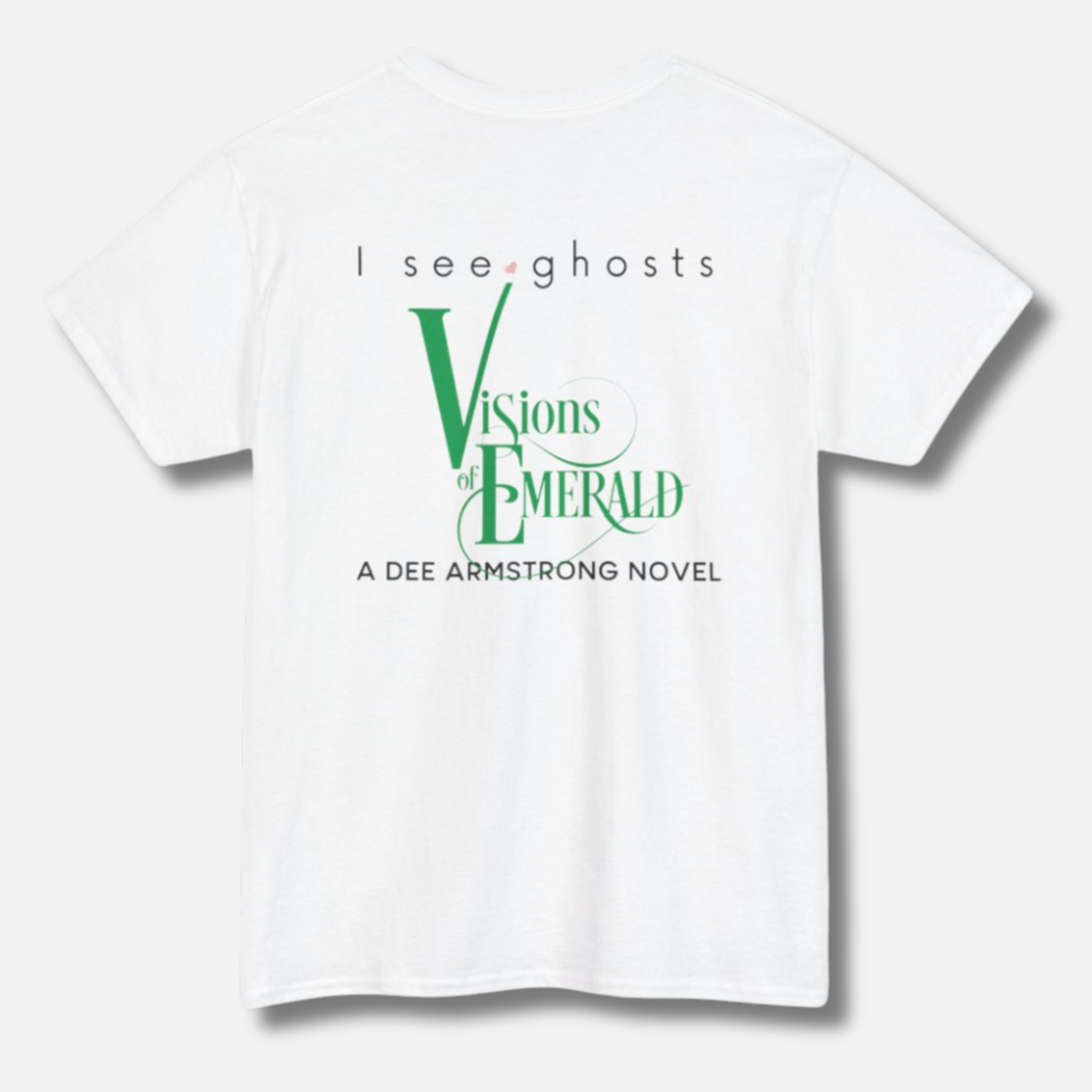 White t-shirt with 'Visions of the Emerald' text and branding on a white background
