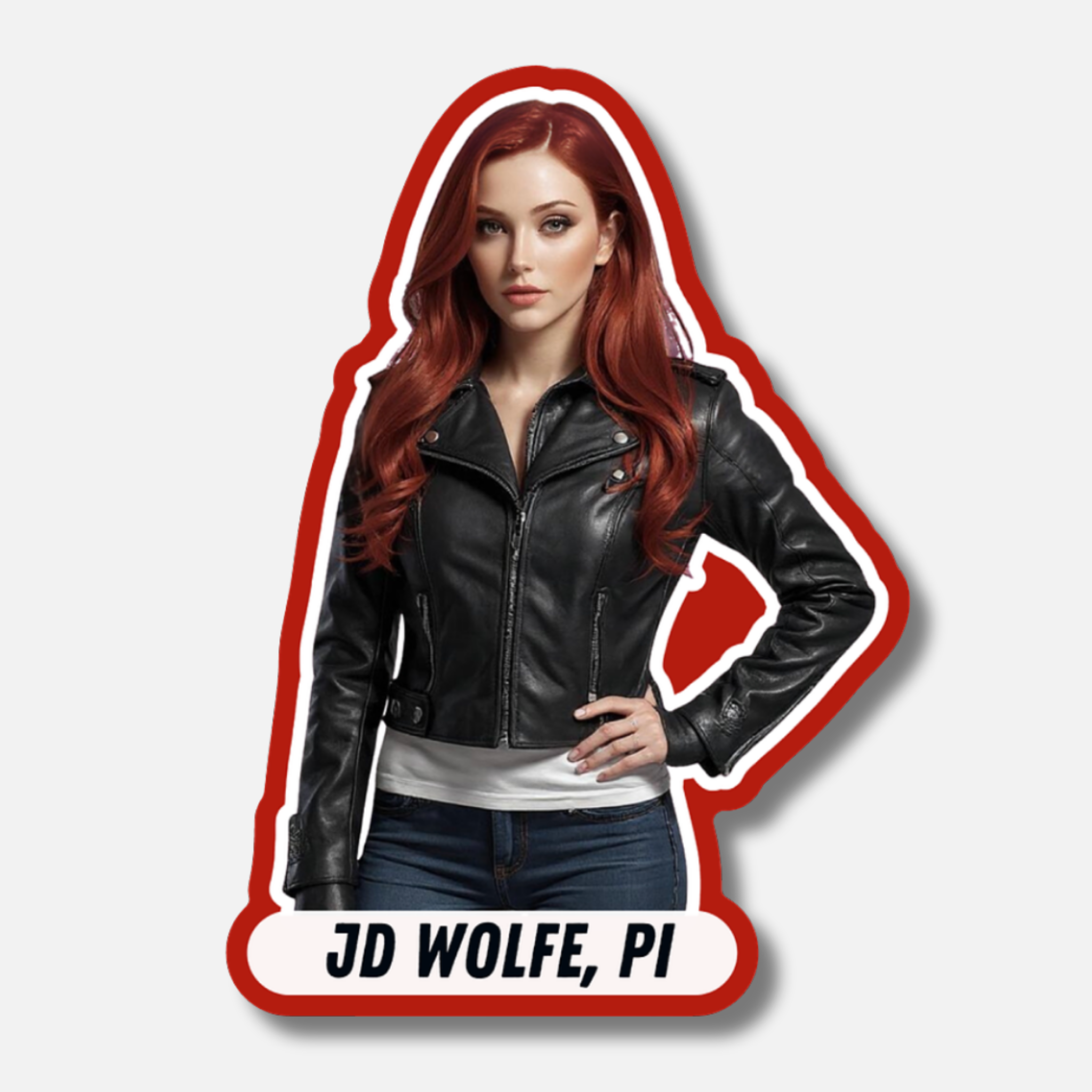 Person wearing a black leather jacket with a red outline and text 'JD WOLFE, PI' on a gray background