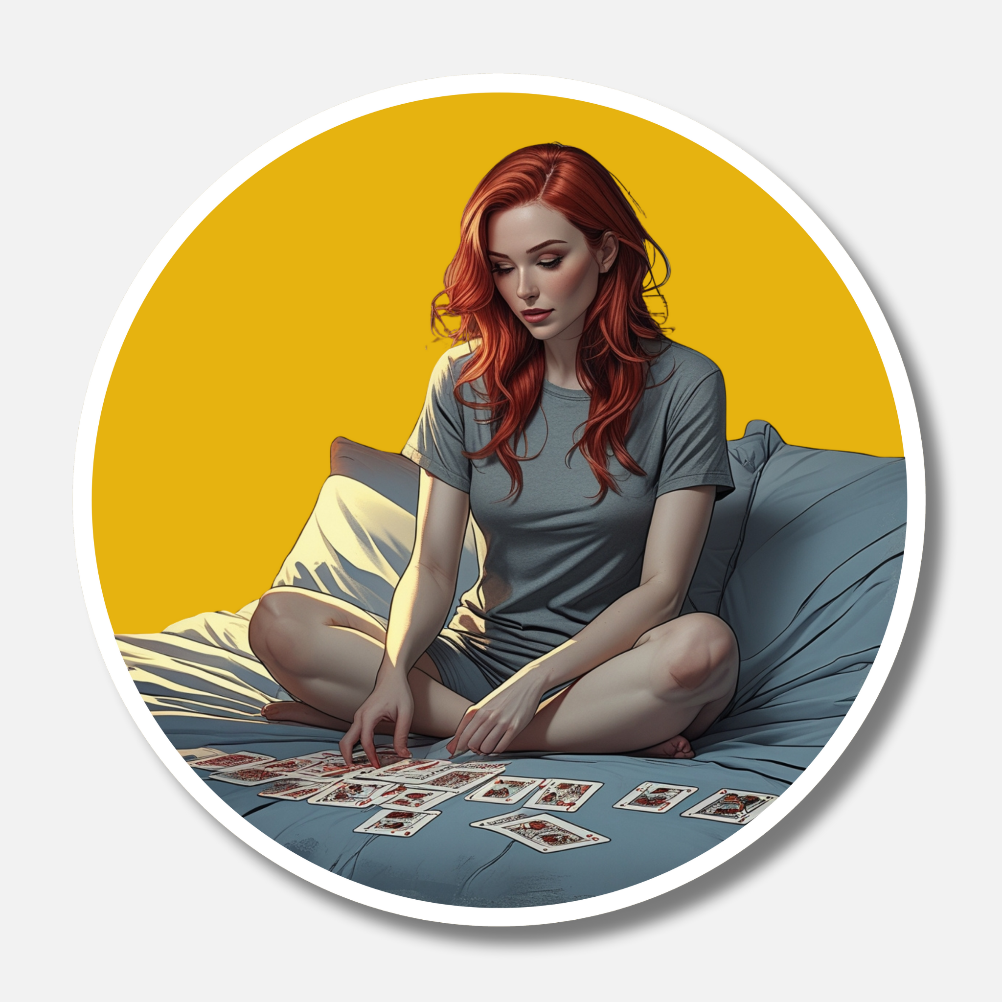 Sticker of a woman with red hair sitting on a bed with tarot cards, against a yellow background.