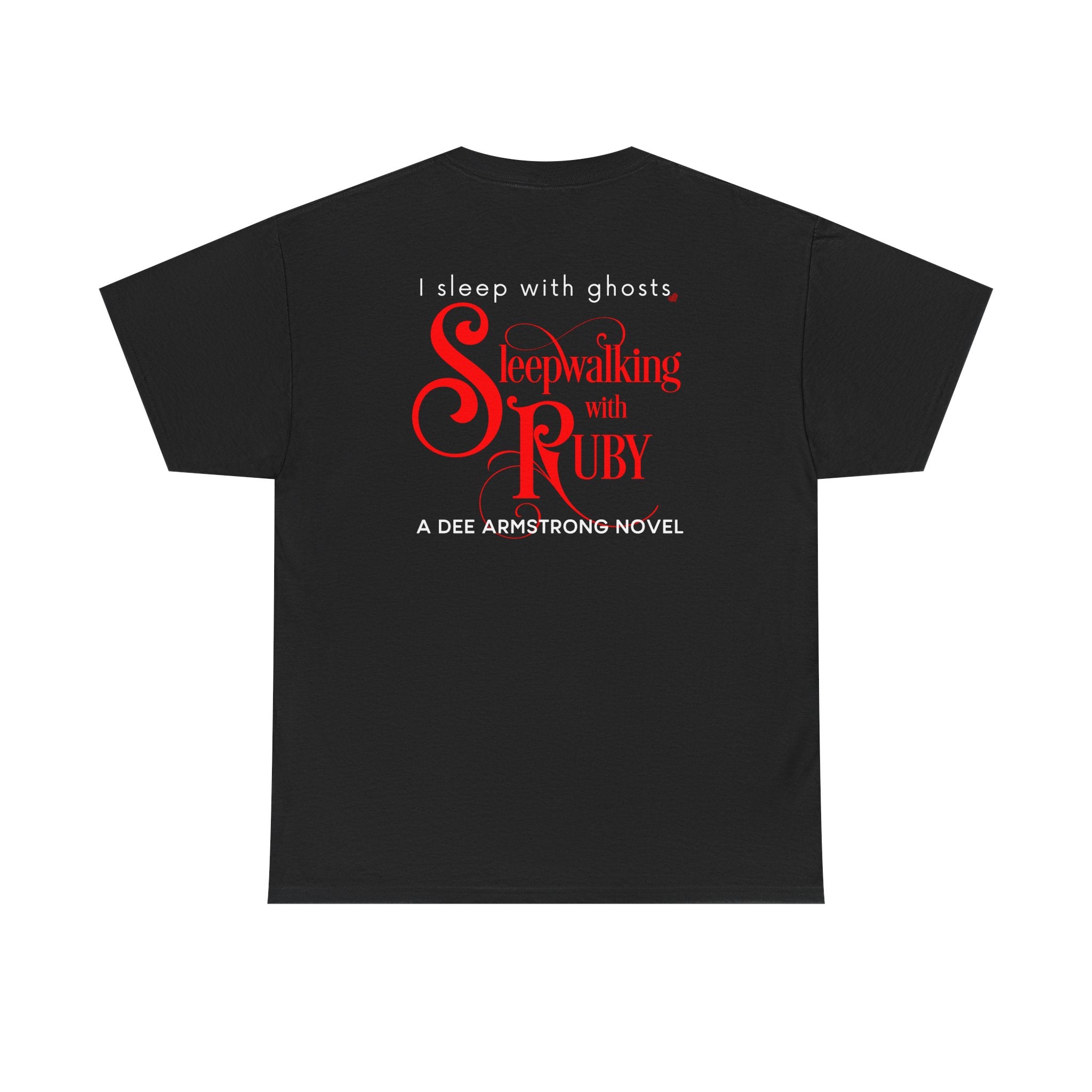 Black t-shirt with red and white text 'Sleepwalking with Ruby' on a white background