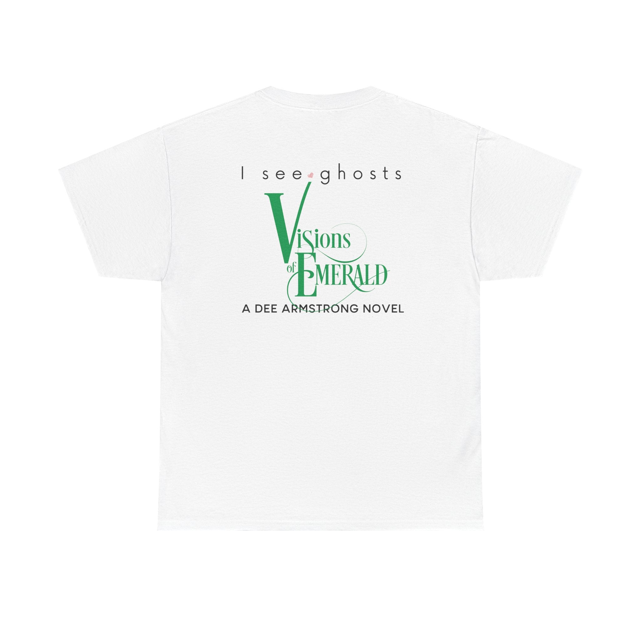 White t-shirt with 'I see ghosts' and 'Visions Emerald' text on a white background