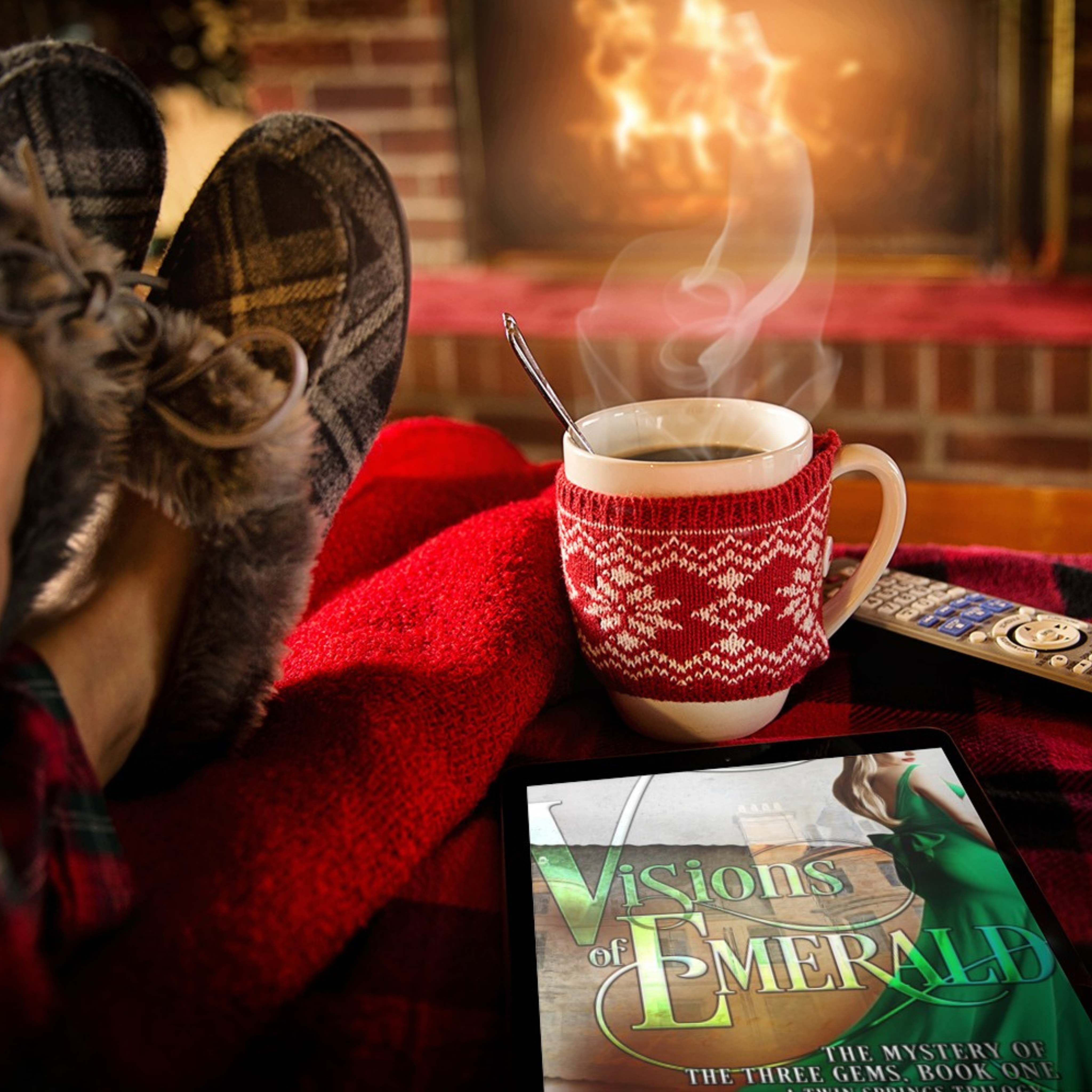 Cozy scene with a mug in a red sweater, book 'Visions of Emerald', and slippers by a fireplace.