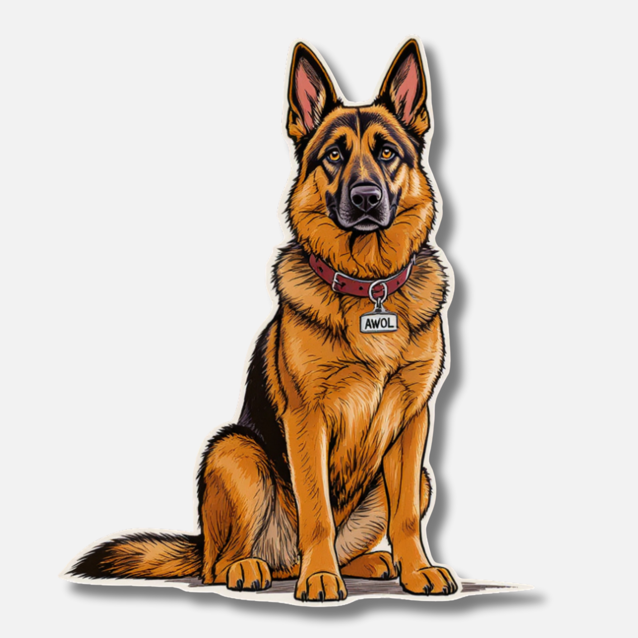 Illustration of a German Shepherd dog with a red collar and name tag on a white background