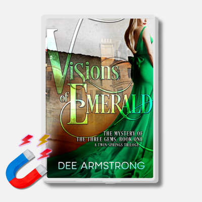 An acrylic magnet of book cover 'Visions of Emerald' by Dee Armstrong with a magnet graphic on a white background