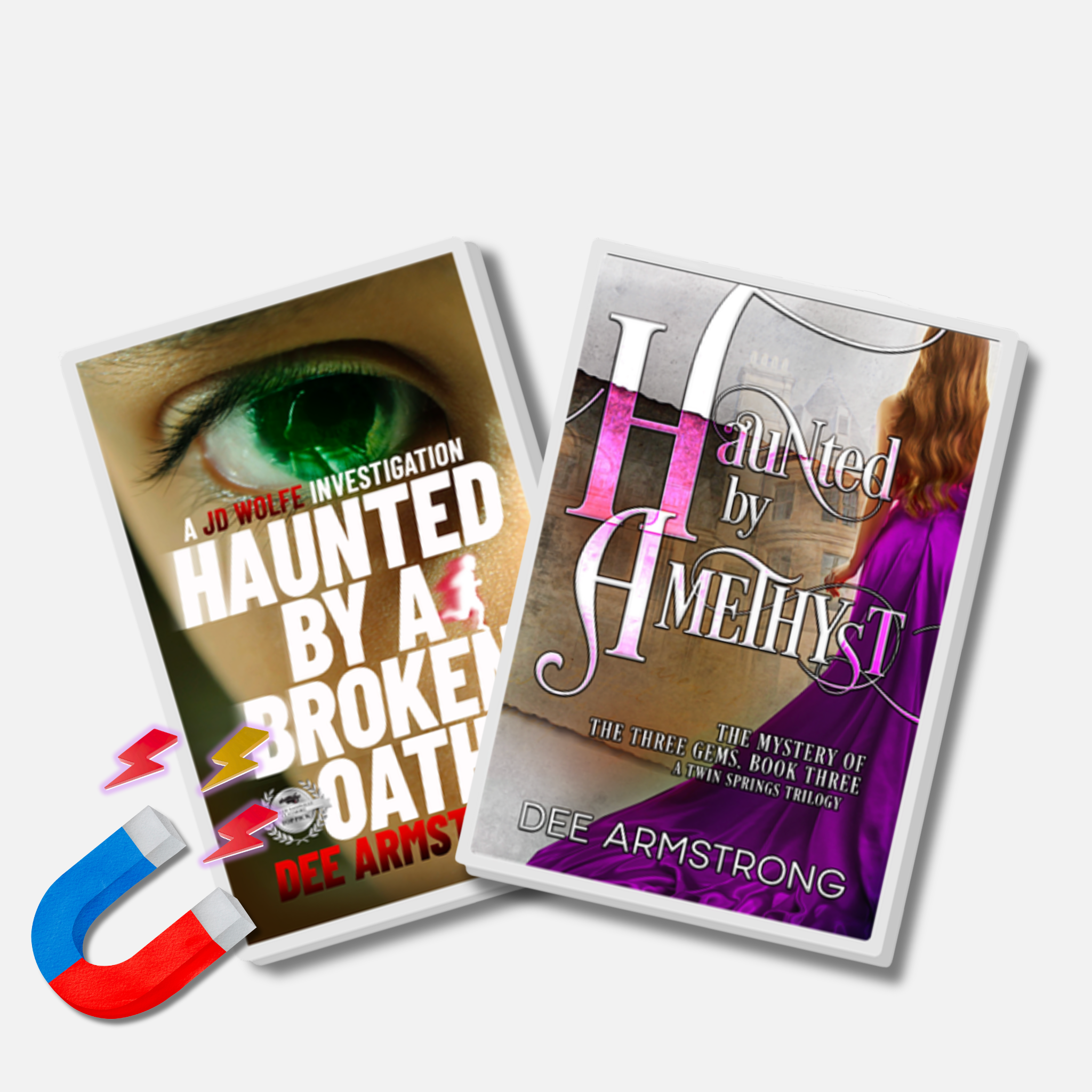 Two acrylic magnets with book covers titled 'Haunted by a Broken Oath' and 'Haunted by Amethyst' with a magnet on a white background.