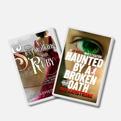 Two pin book covers by Dee Armstrong on a white background