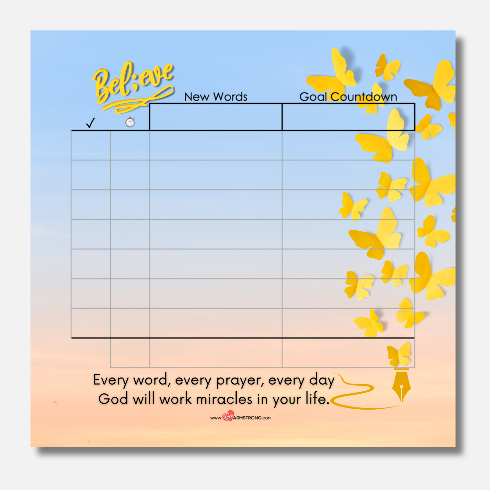 Motivational planner with goal countdown and butterfly design on a gradient background