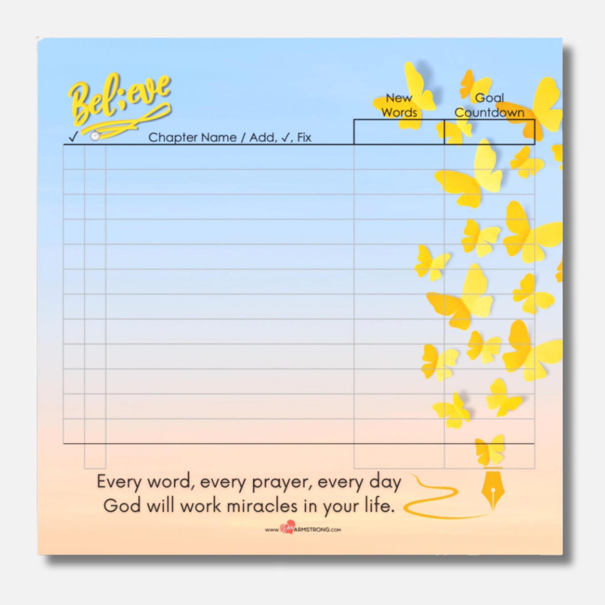 Motivational notepad with yellow butterflies and inspirational quote on a gradient background