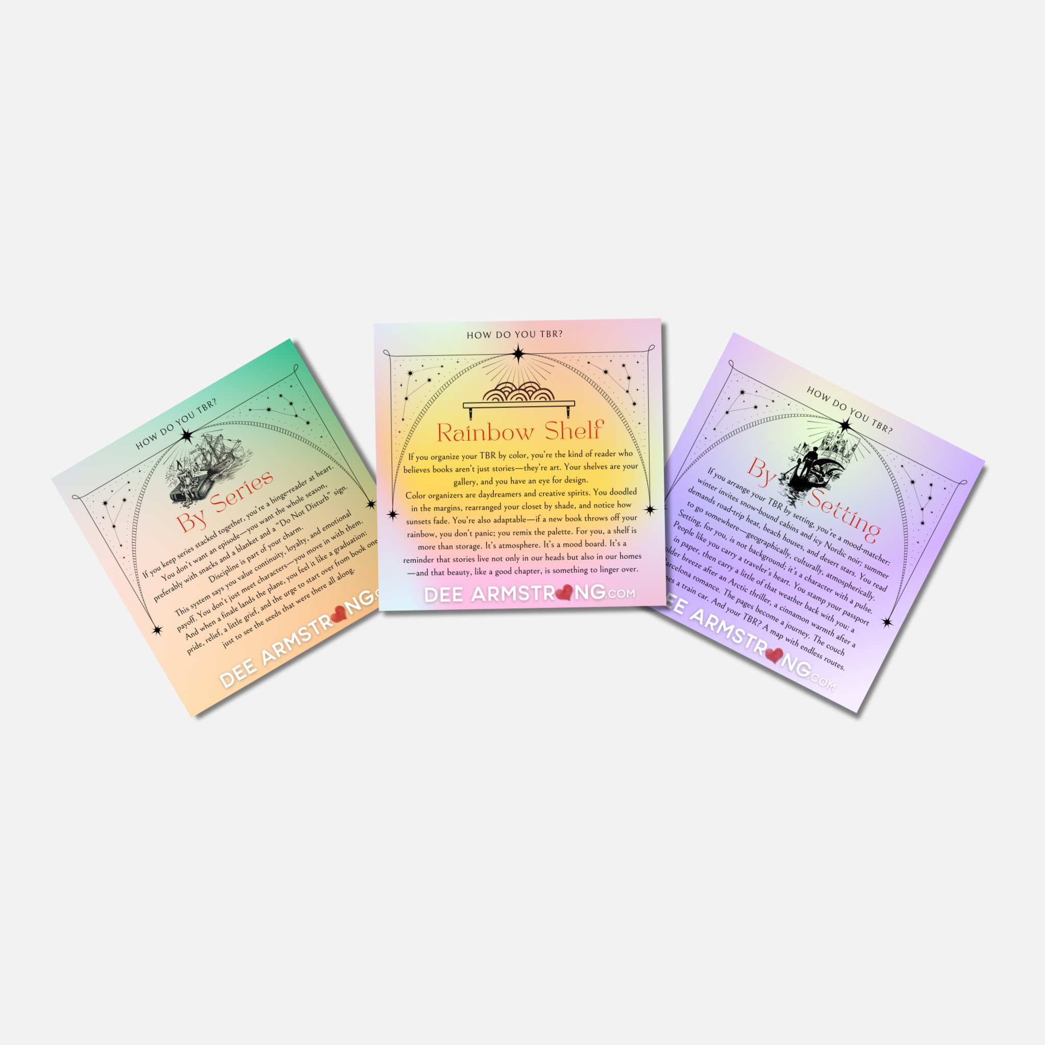 Three colorful coasters with text and symbols on a white background