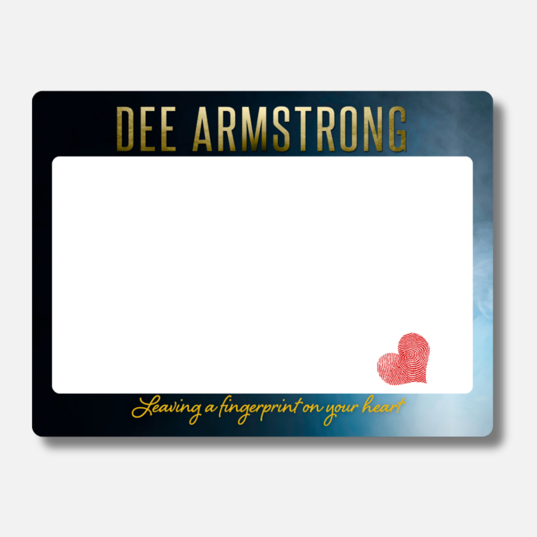 Book plate with 'DEE ARMSTRONG' and a fingerprint design on a gradient background.