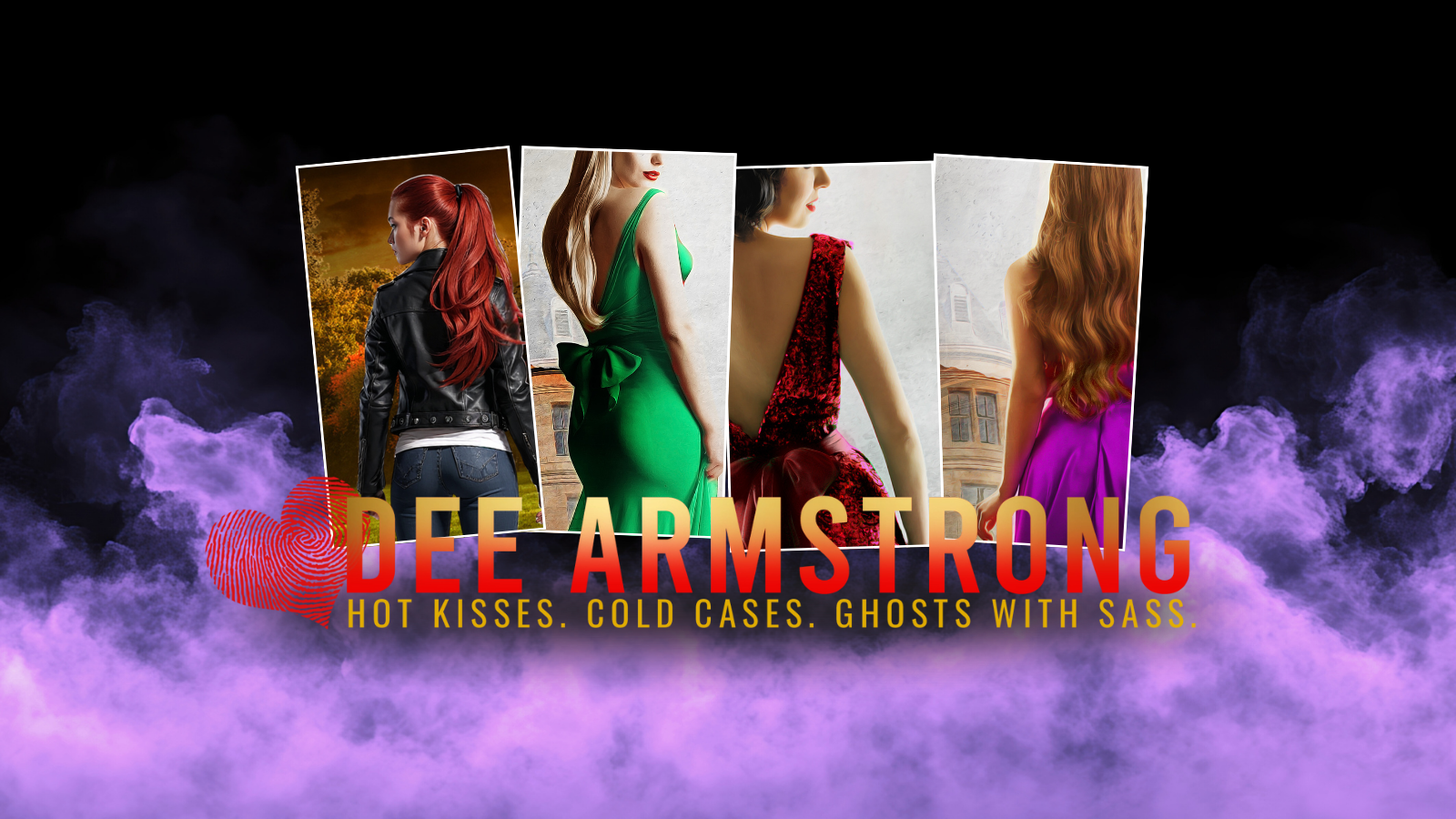 Promotional graphic for Dee Armstrong with book covers and text on a dark background with smoke effects.
