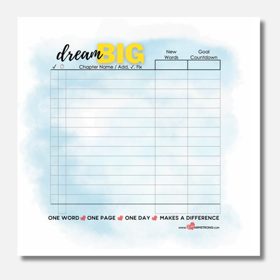 Motivational writing tracker with 'dream BIG' text on a light blue background