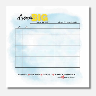 Motivational planner with 'dream BIG' text and goal-setting sections on a light blue watercolor background.