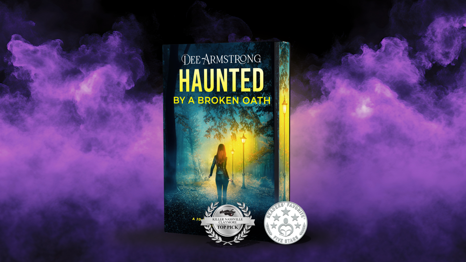 Book titled 'Haunted by a Broken Oath' by Dee Armstrong with purple smoke effects on a dark background