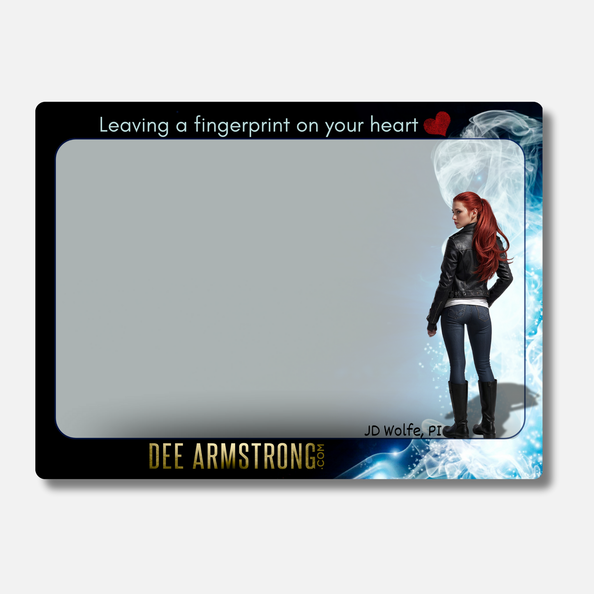 Haunted Series Book plate with a woman with red hair and a black leather jacket, featuring text and branding.