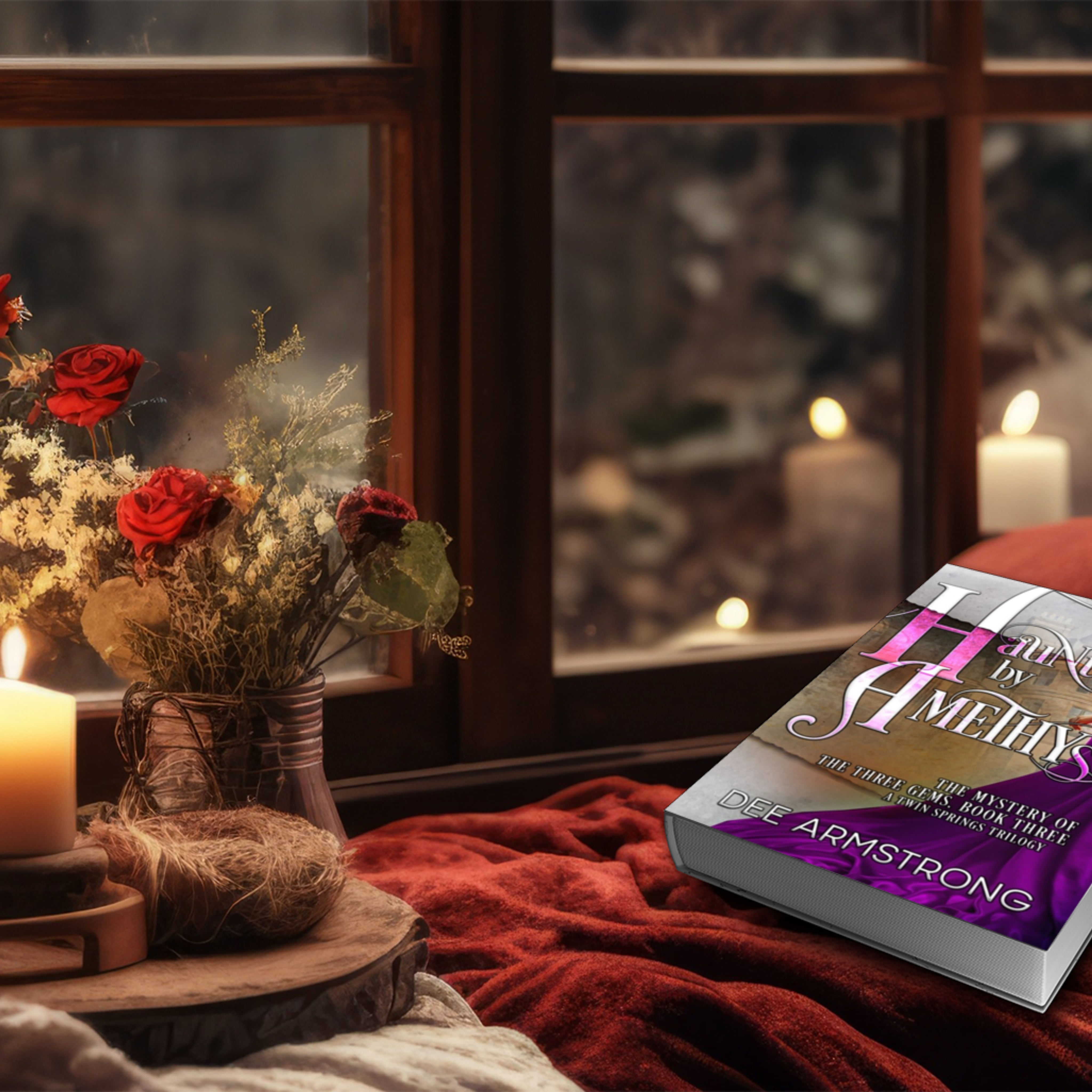 Book titled 'Haunted by Amethyst' on a red blanket with candles and flowers in the background.