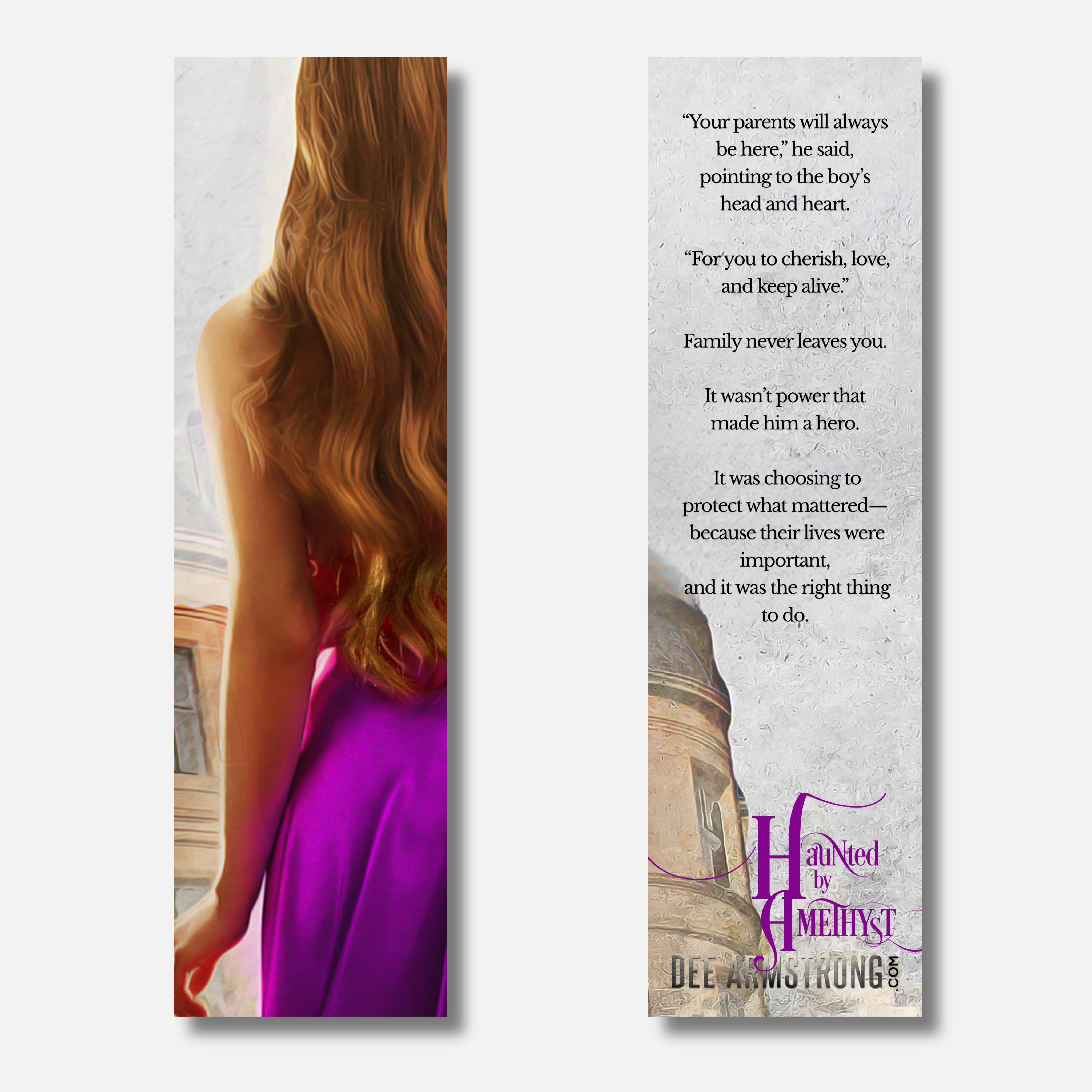 A character inspired bookmark with a woman in a purple dress and a quote from 'Haunted by Amethyst' by Dee Armstrong.