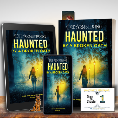 Book collection titled 'Haunted by a Broken Oath' by Dee Armstrong displayed on a tablet, phone, and paper.