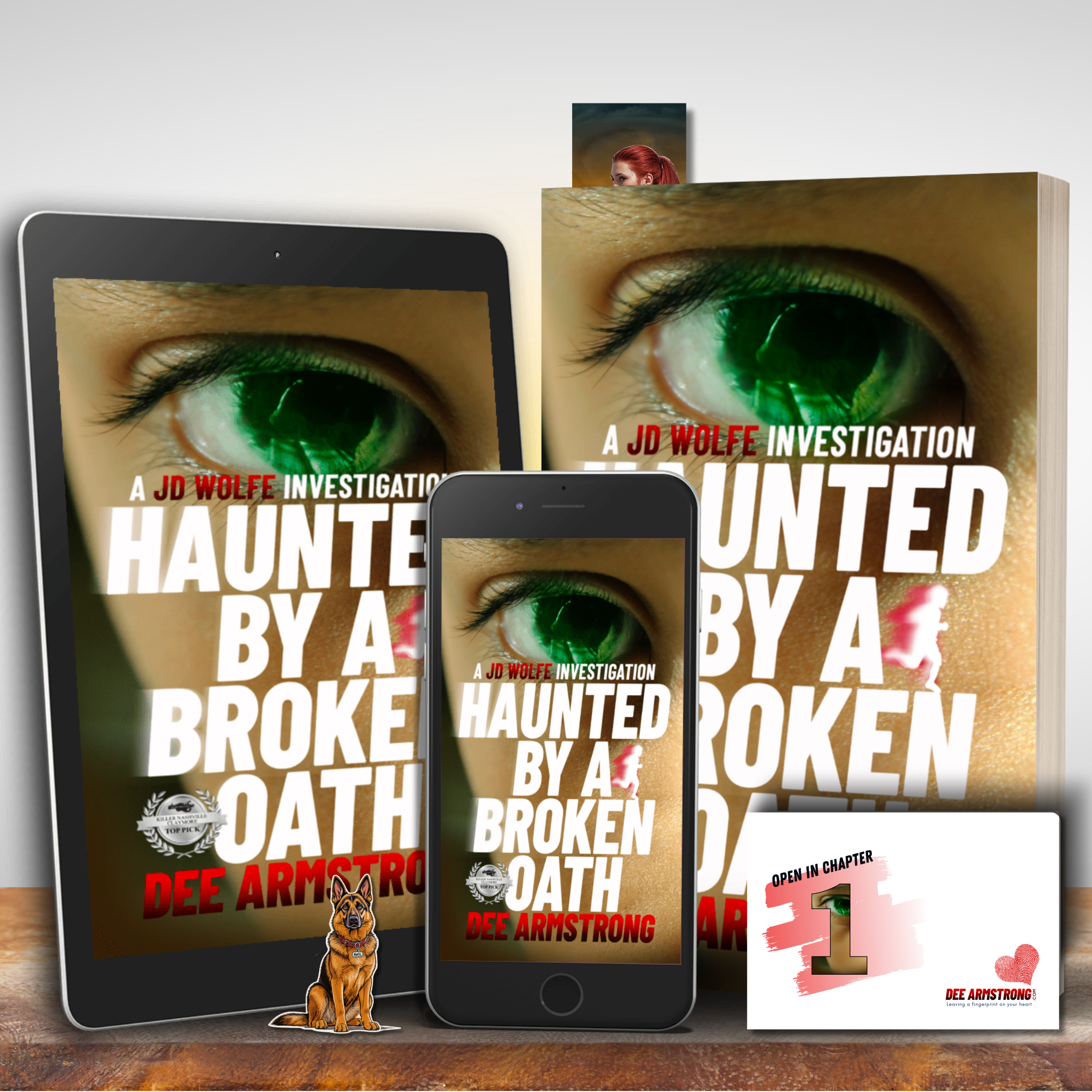 The 'Haunted by a Broken Oath' collection by Dee Armstrong displayed on shelf. A tablet, phone, dog sticker, bookmark, envelope and book.