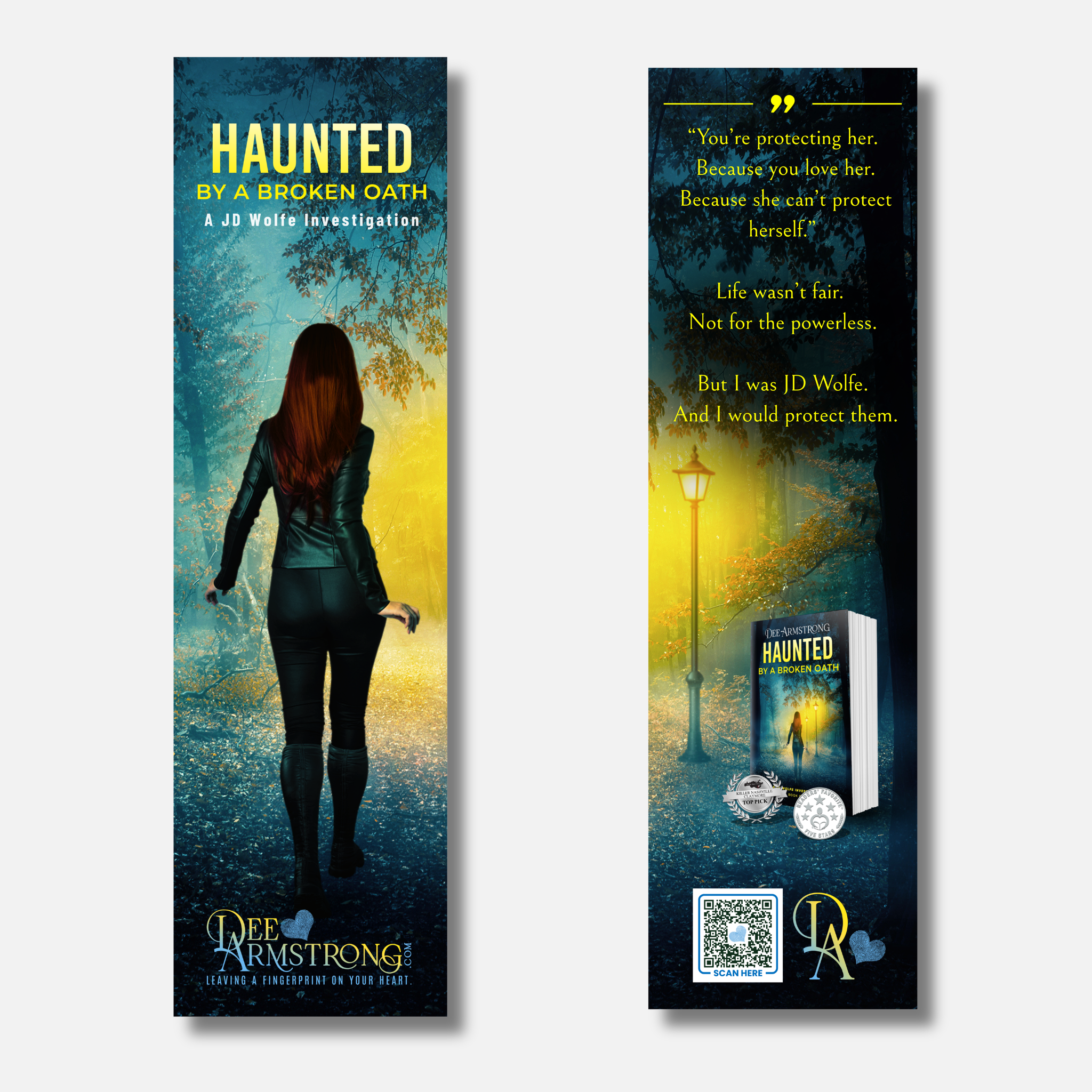 Two vertical book cover mockups for the novel 'Haunted by a Broken Oath' by Dee Armstrong, shown side by side on a light gray background. The left cover features a woman seen from behind walking through a misty, yellow-lit forest.