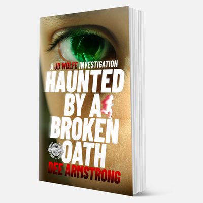 Book cover of 'Haunted by a Broken Oath' by Bee Armstrong with a close-up of a green eye.
