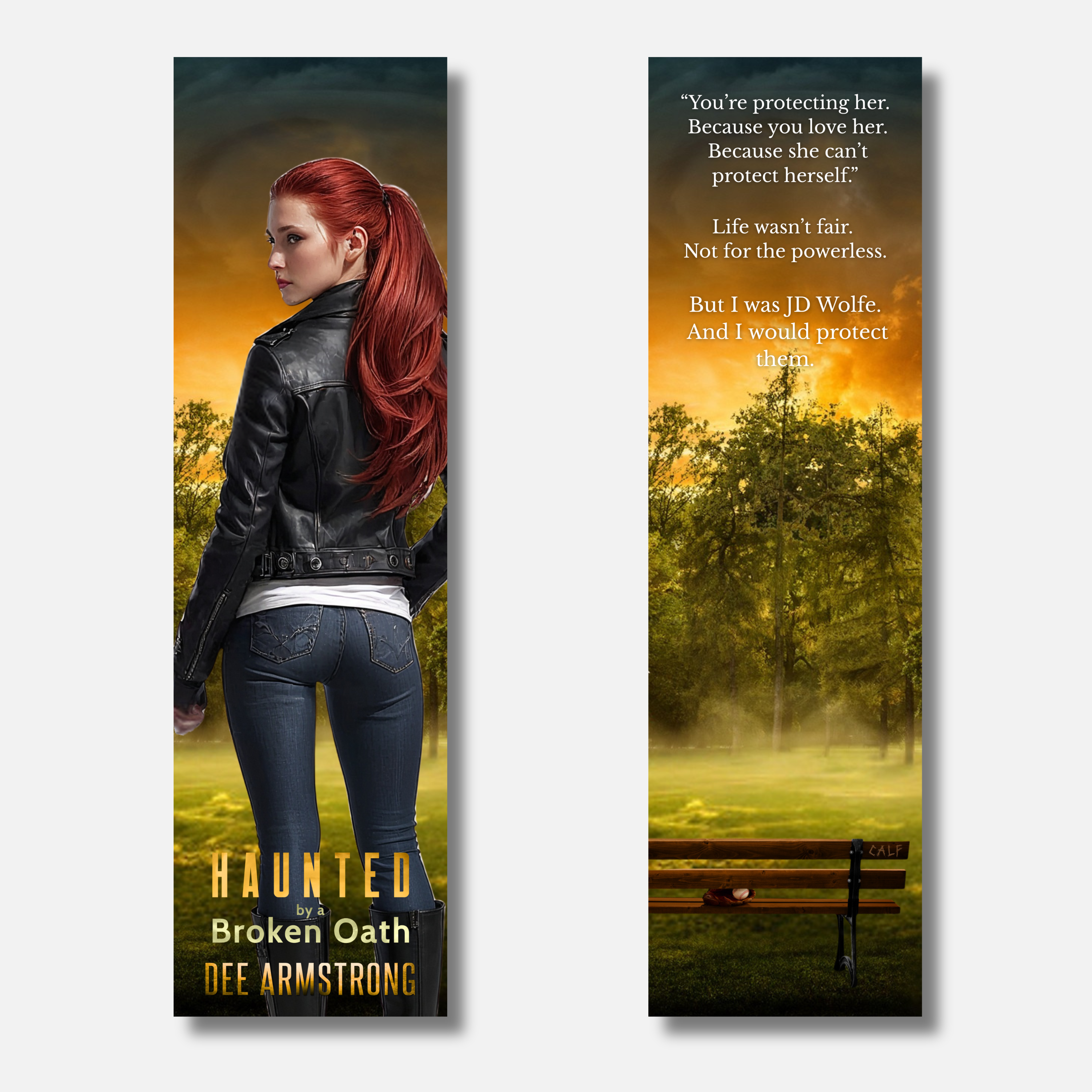 Book cover of 'Haunted: A Broken Oath' by Dee Armstrong with a woman in a leather jacket and red hair, and a bench in a forest.