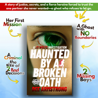 Book cover of 'Haunted by a Broken Oath' with promotional text on a blue background