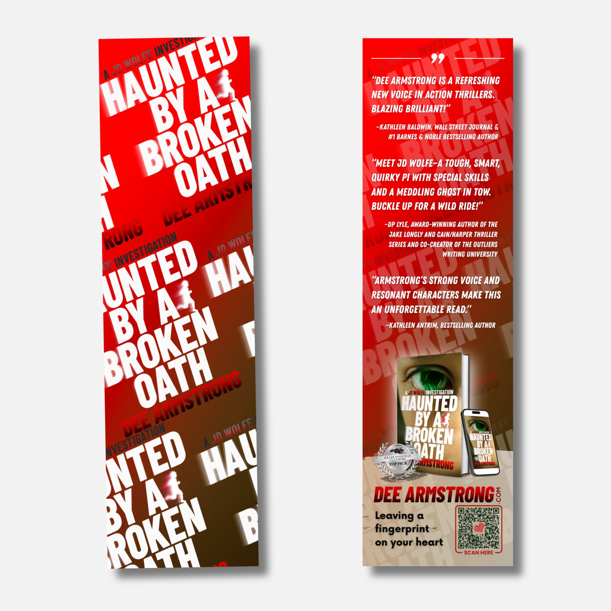 Bookmark for 'Haunted by a Broken Oath' by Dee Armstrong on a white text on red background.