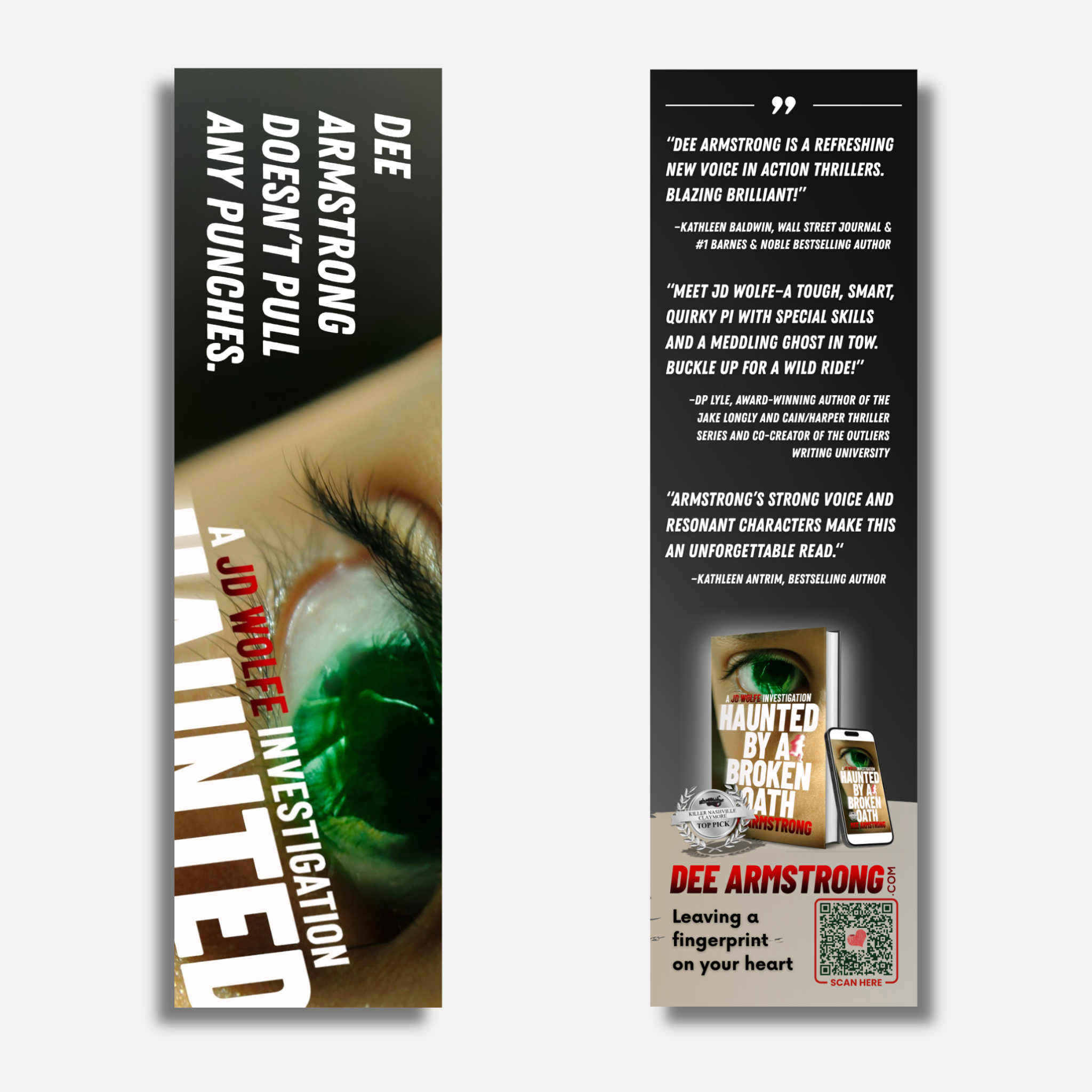 Bookmark for Haunted by Broken Oath black with white text with green eye design.