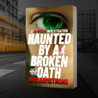 Book cover of 'Haunted by a Broken Oath' with a green eye and cityscape background