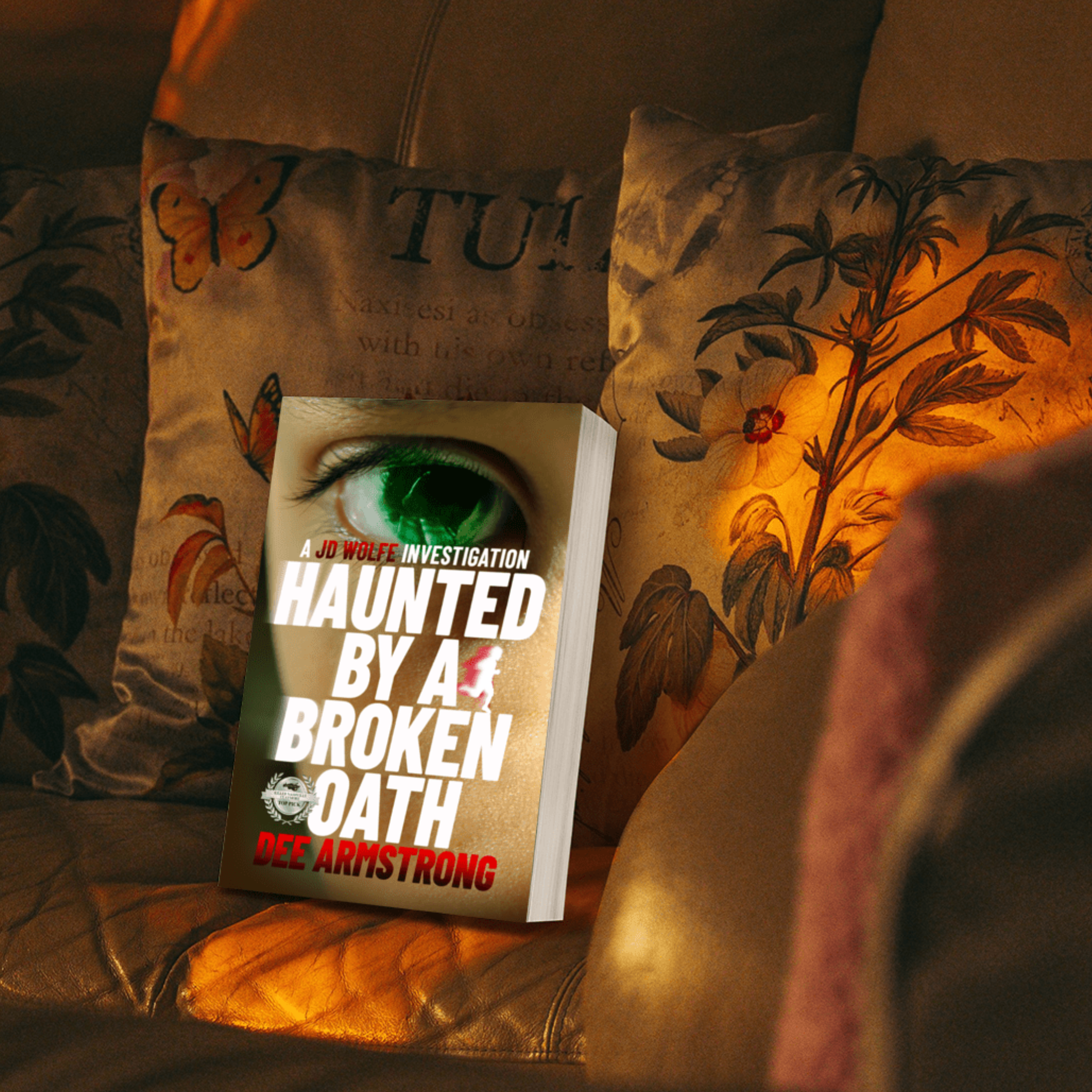Book titled 'Haunted by a Broken Oath' by Dee Armstrong on a cushion with decorative pillows in the background.