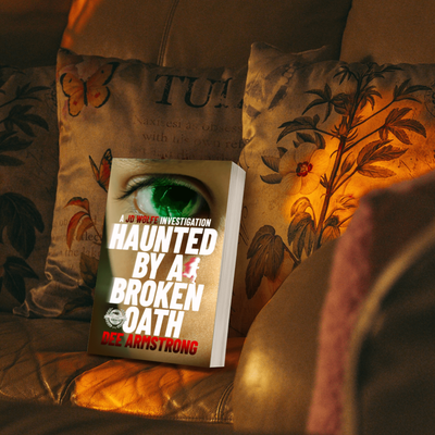 Book titled 'Haunted by a Broken Oath' by Dee Armstrong on a cushion with decorative pillows in the background.
