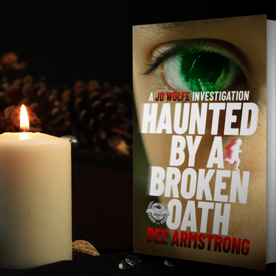 Book titled 'Haunted by a Broken Oath' by Dee Armstrong with a candle and pine cones in the background