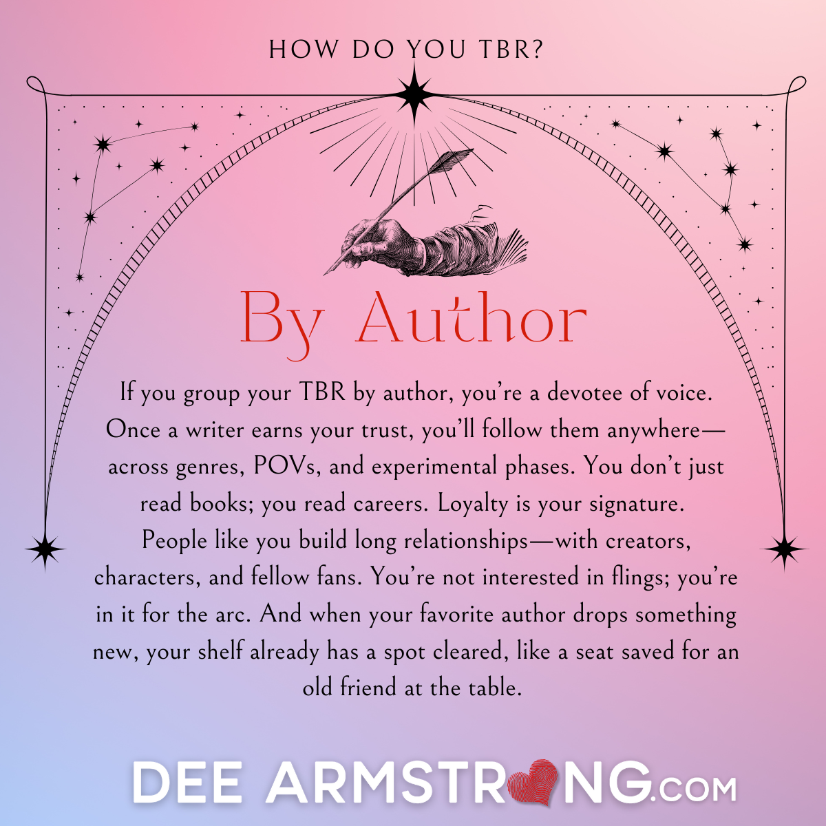 Text on a pink and purple gradient background with a stylized illustration of a writer's hand and quill.