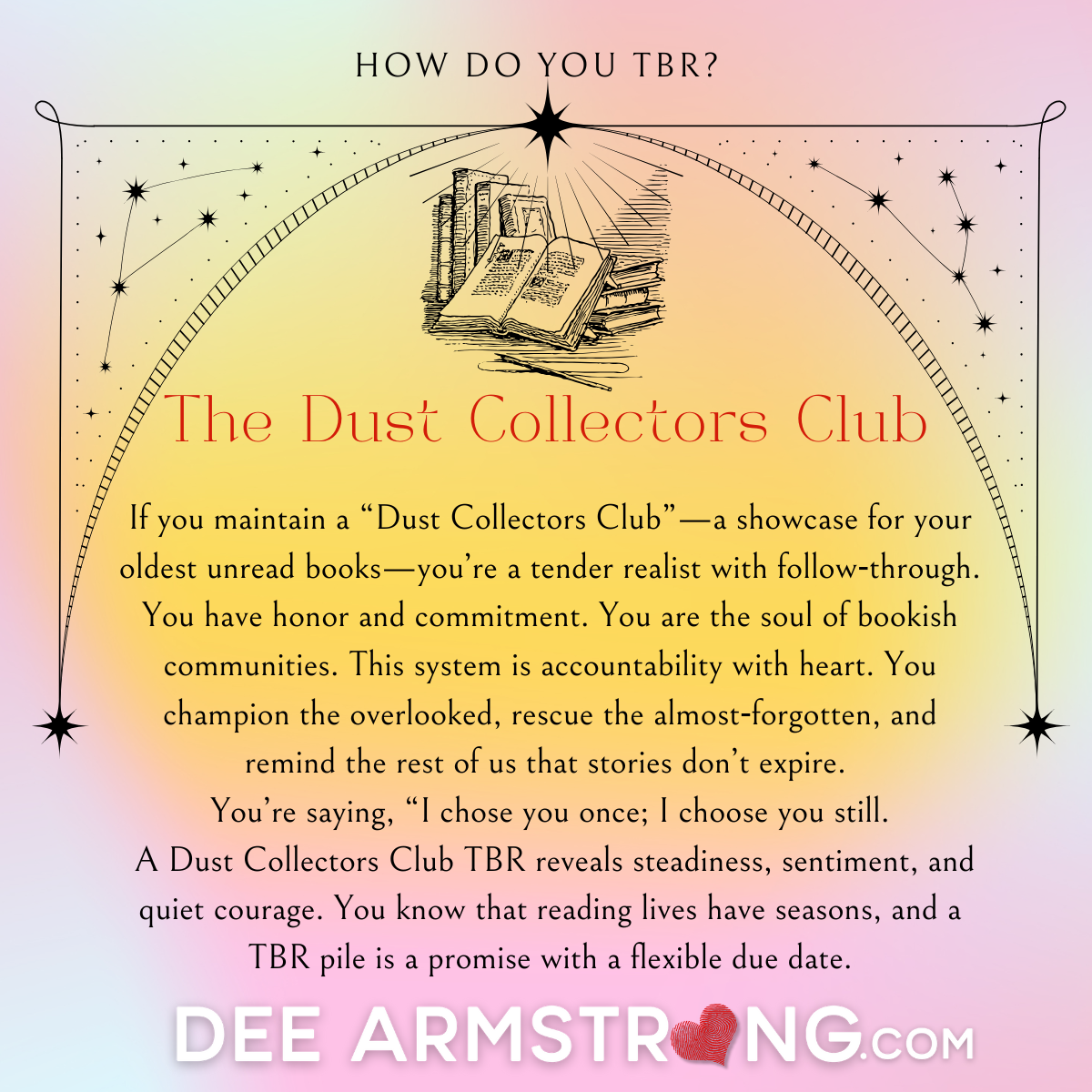 Promotional graphic for The Dust Collectors Club with text and book illustration on a gradient background.