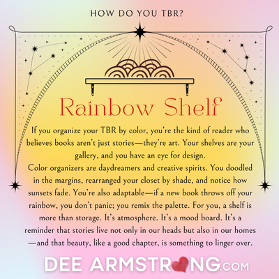 How do you TBR Text on a rainbow-themed background with decorative elements and a shelf illustration.