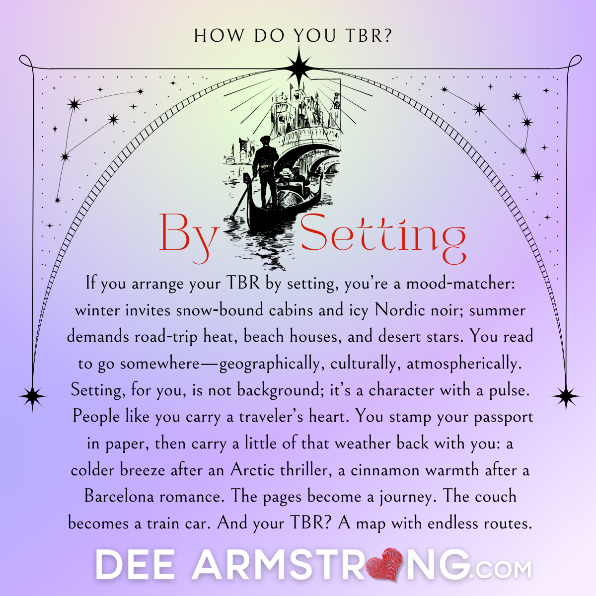 Text on a purple background with a gondola and stars, discussing book reading by setting.