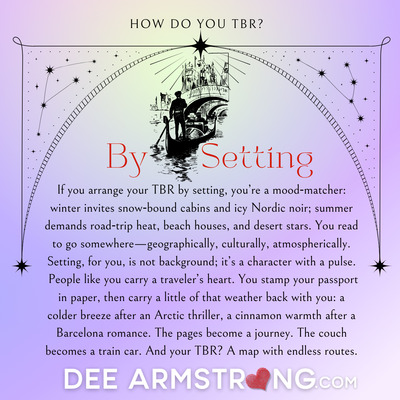 Text on a purple background with a gondola and stars, discussing book reading by setting.