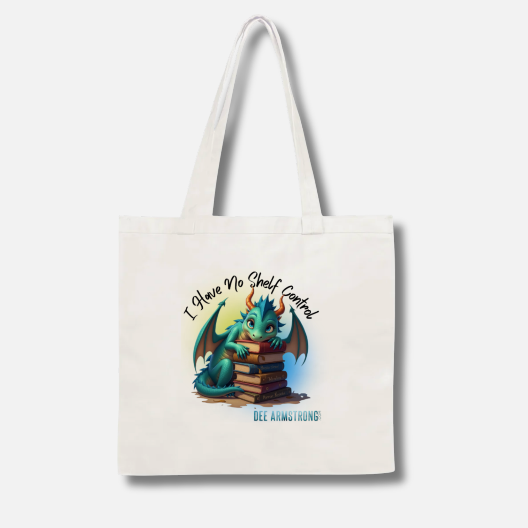 Tote bag with a dragon design and text on a white background