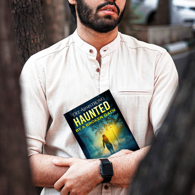 Man holding a book titled 'Haunted by a Broken Oath' by Dee Armstrong.