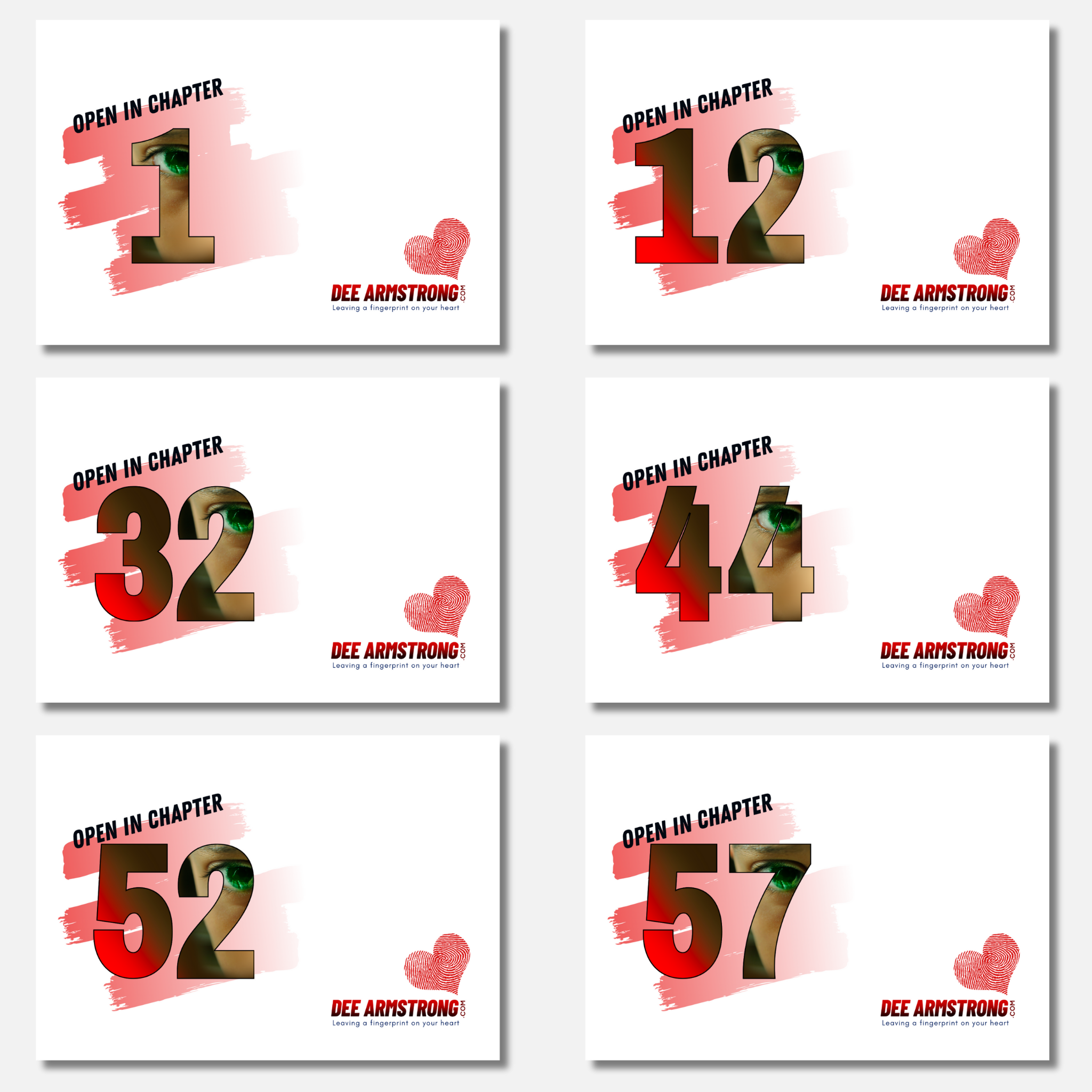 Set of six envelopes with chapter numbers and a brand name on a white background